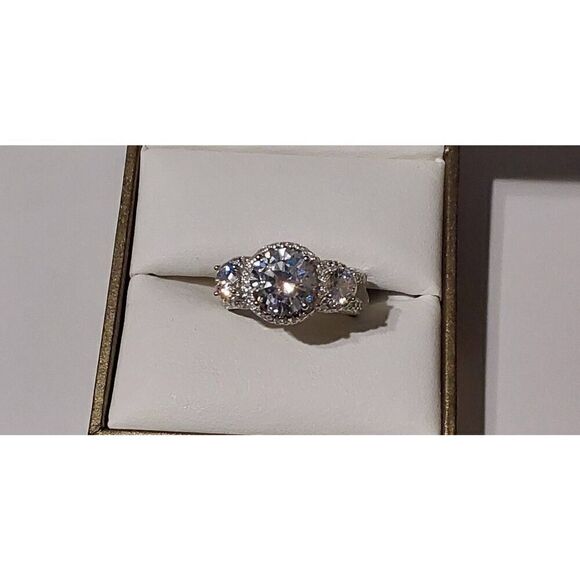 Gorgeous 9.4 Ct. Genuine Diamond Simulant Three Stone Halo Pave Wedding Ring #8 - Picture 1 of 10
